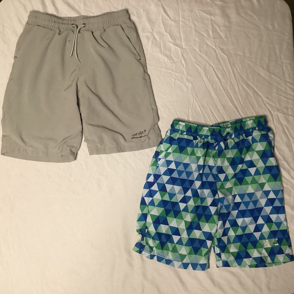 Eddie Bauer Swim Trunks Boys Small (7/8) Blue Green/Grey Mesh Lined Pockets